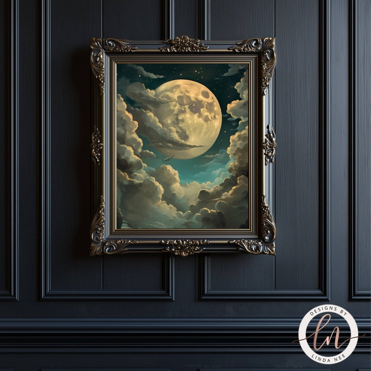 Muted moon and clouds artwork hanging on a dark wooden wall