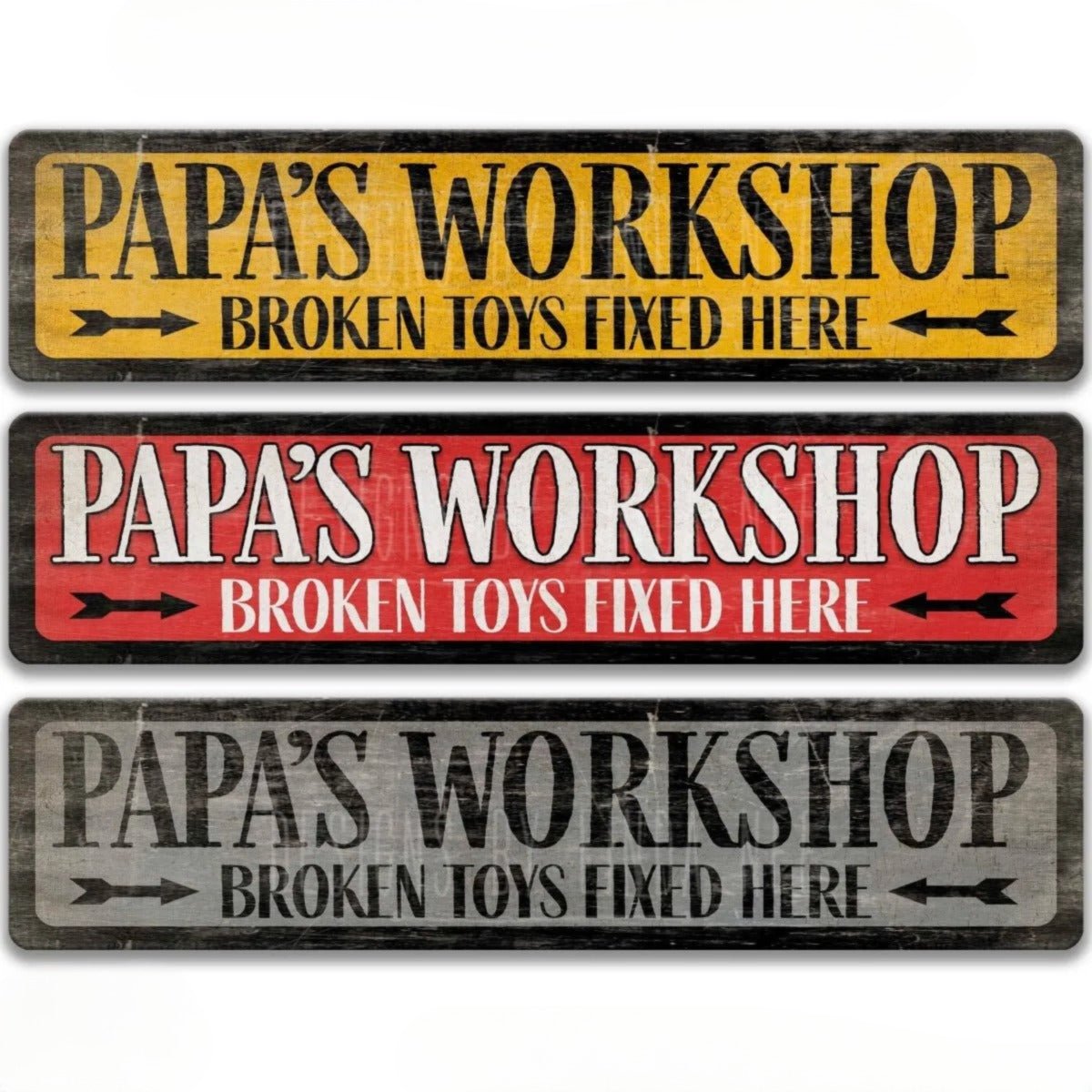 three signs that say "Papa's Workshop Broken Toys Fixed Here" in different colors: yellow, red, and gray.
