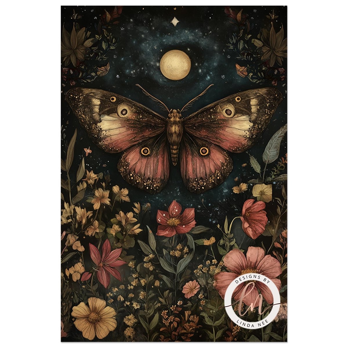 A vertical art print featuring a large butterfly with pink and brown wings over a dark starry night sky and a field of flowers.