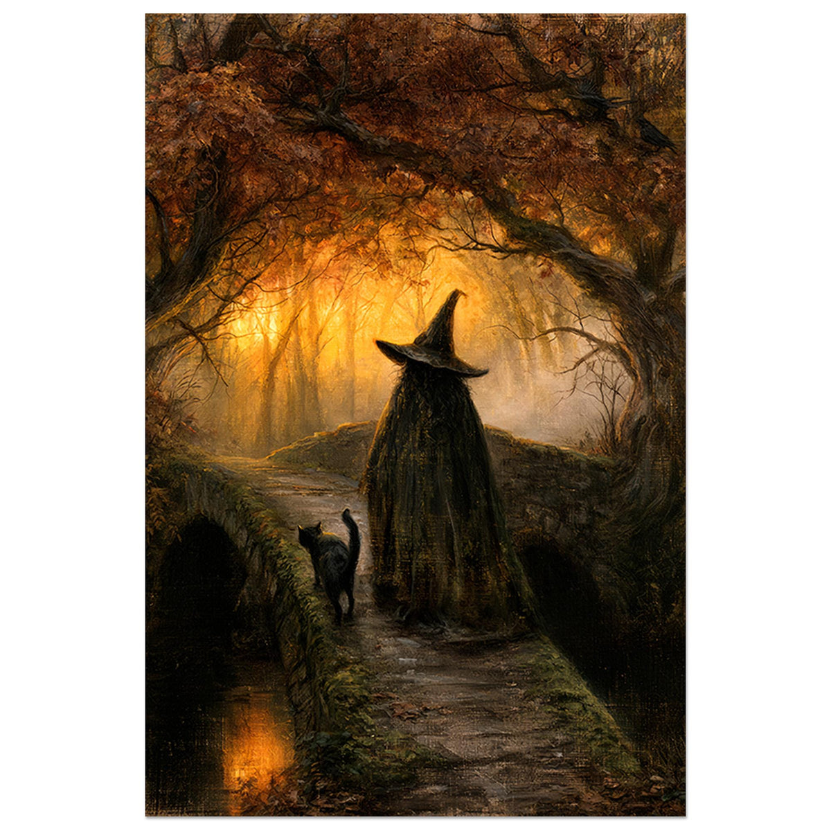 Witch in a black cloak and hat crossing a stone bridge with her black cat in autumn woods