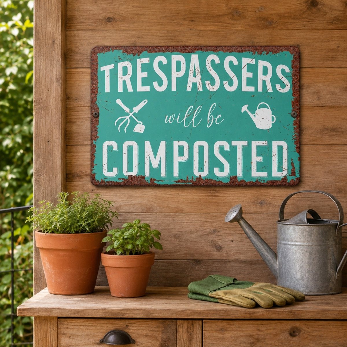 a rustic wooden wall with a sign that reads "Trespassers will be composted", accompanied by two potted plants and gardening tools such as a watering can and gloves.