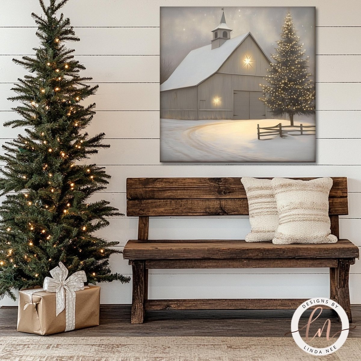 Snowy barn art print displayed on a shiplap wall above a rustic bench