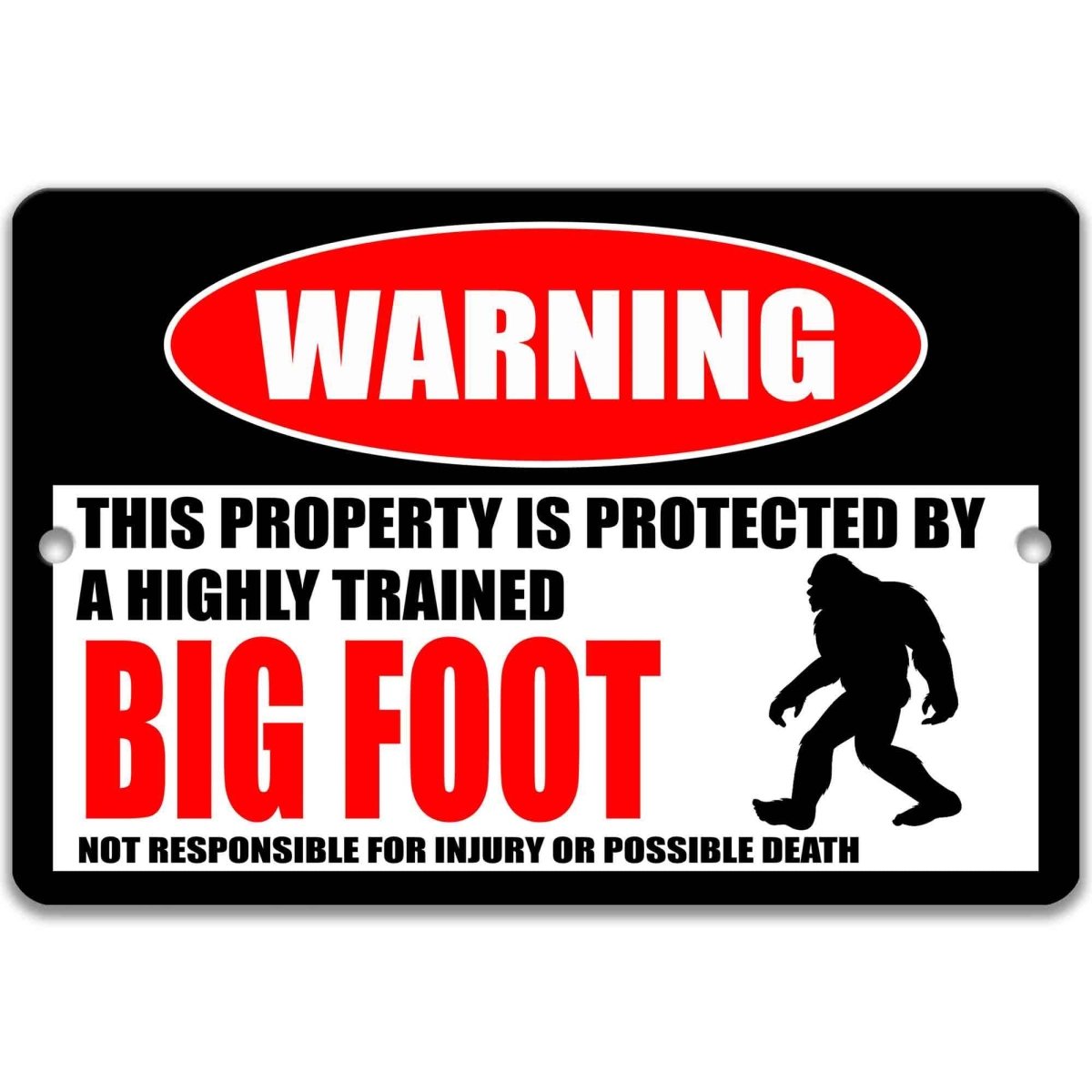 Bigfoot warning metal sign on glossy black, red WARNING oval and Sasquatch silhouette