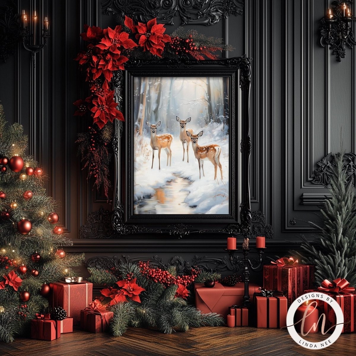 Deer trio print displayed with poinsettias, presents and a decorated tree