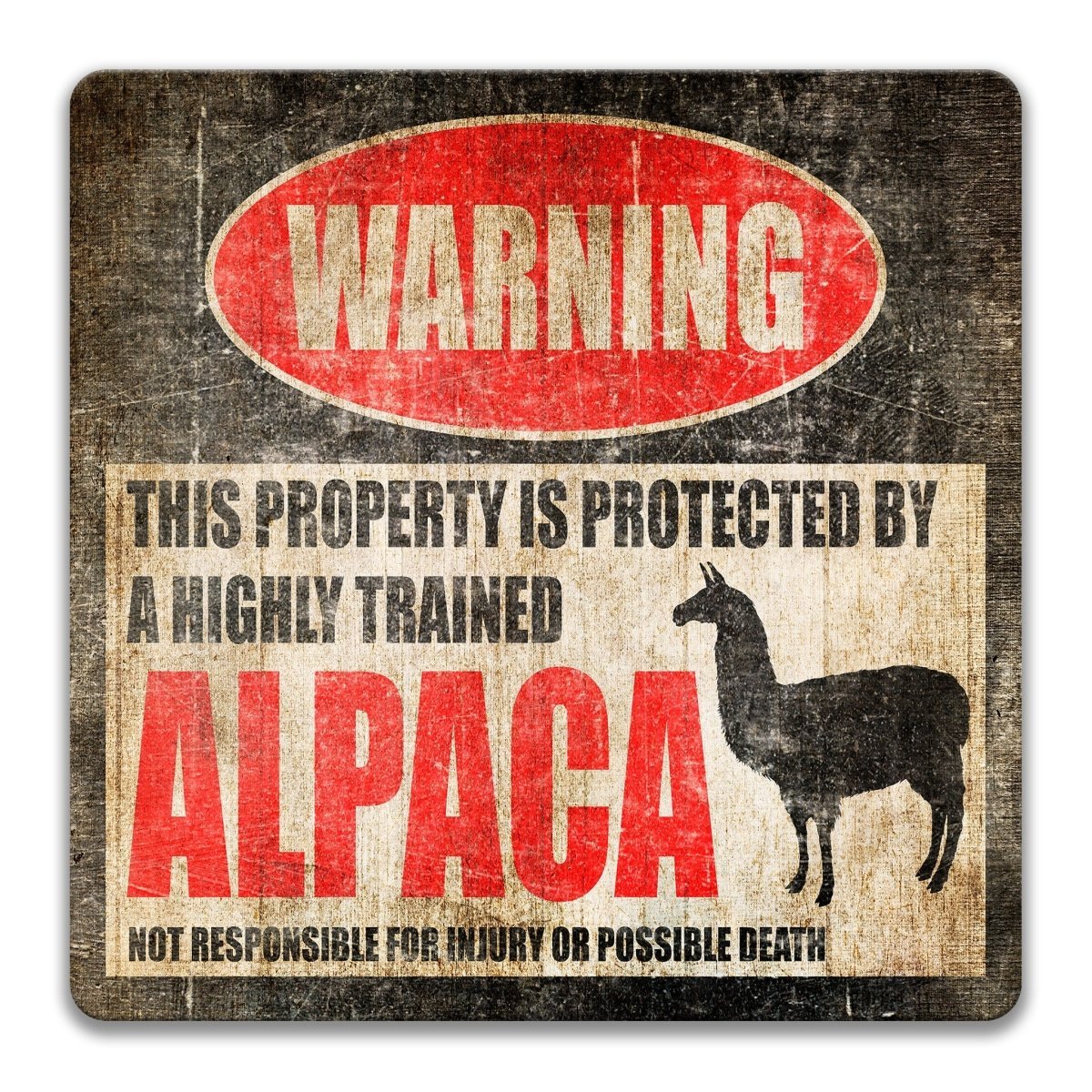 Alpaca warning sign, red WARNING banner and large alpaca silhouette, funny Alpaca lover gift, aluminum with rounded corners