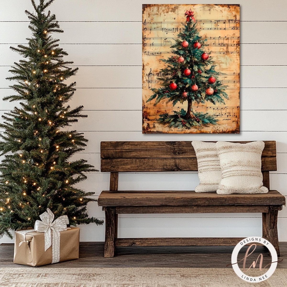 Christmas sheet music print above a wooden bench with a wrapped gift and lit tree