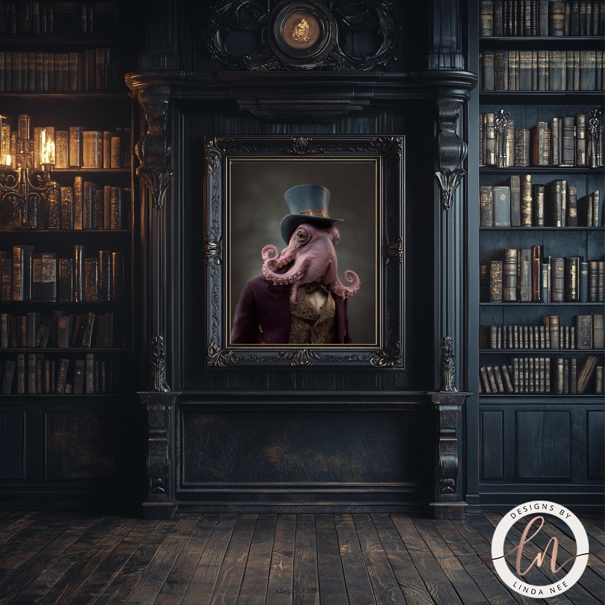 an octopus wearing a top hat, standing in a dark room with bookshelves and a chandelier.