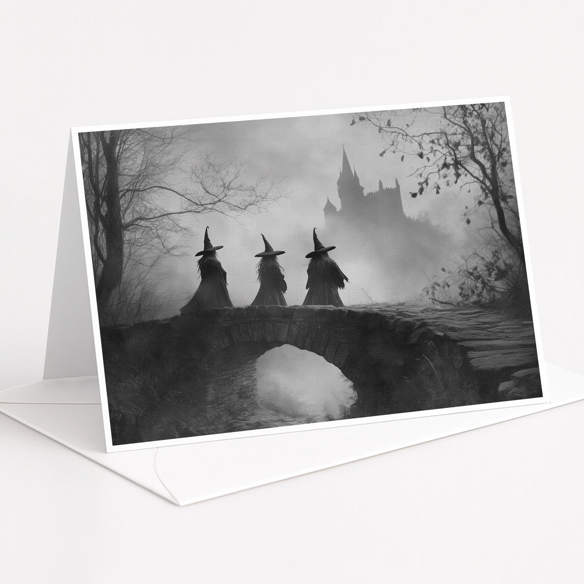 Black and white three witches crossing a bridge toward a foggy castle, 5x7 note card