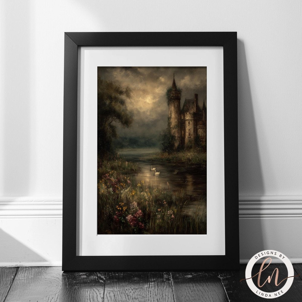 A framed painting depicting a castle surrounded by a moat and lush greenery, with a cloudy sky overhead.