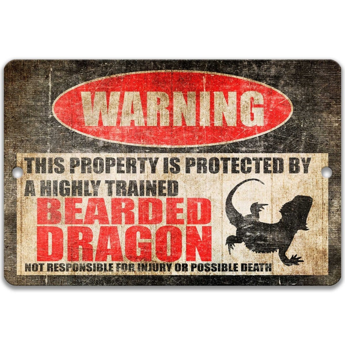 Bearded Dragon warning metal sign, bearded dragon silhouette beside bold red WARNING lettering, 'not responsible for injury or possible death'