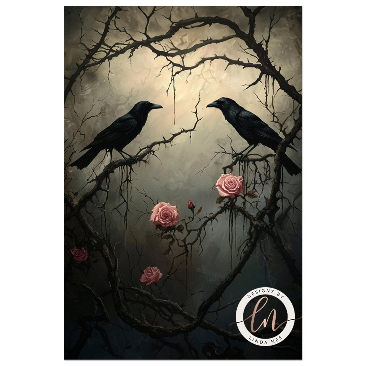 two black crows perched on a branch with pink roses, set against a dark, moody background.