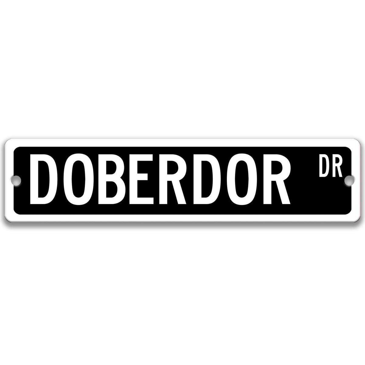 Black Doberdor DR aluminum street sign with white lettering