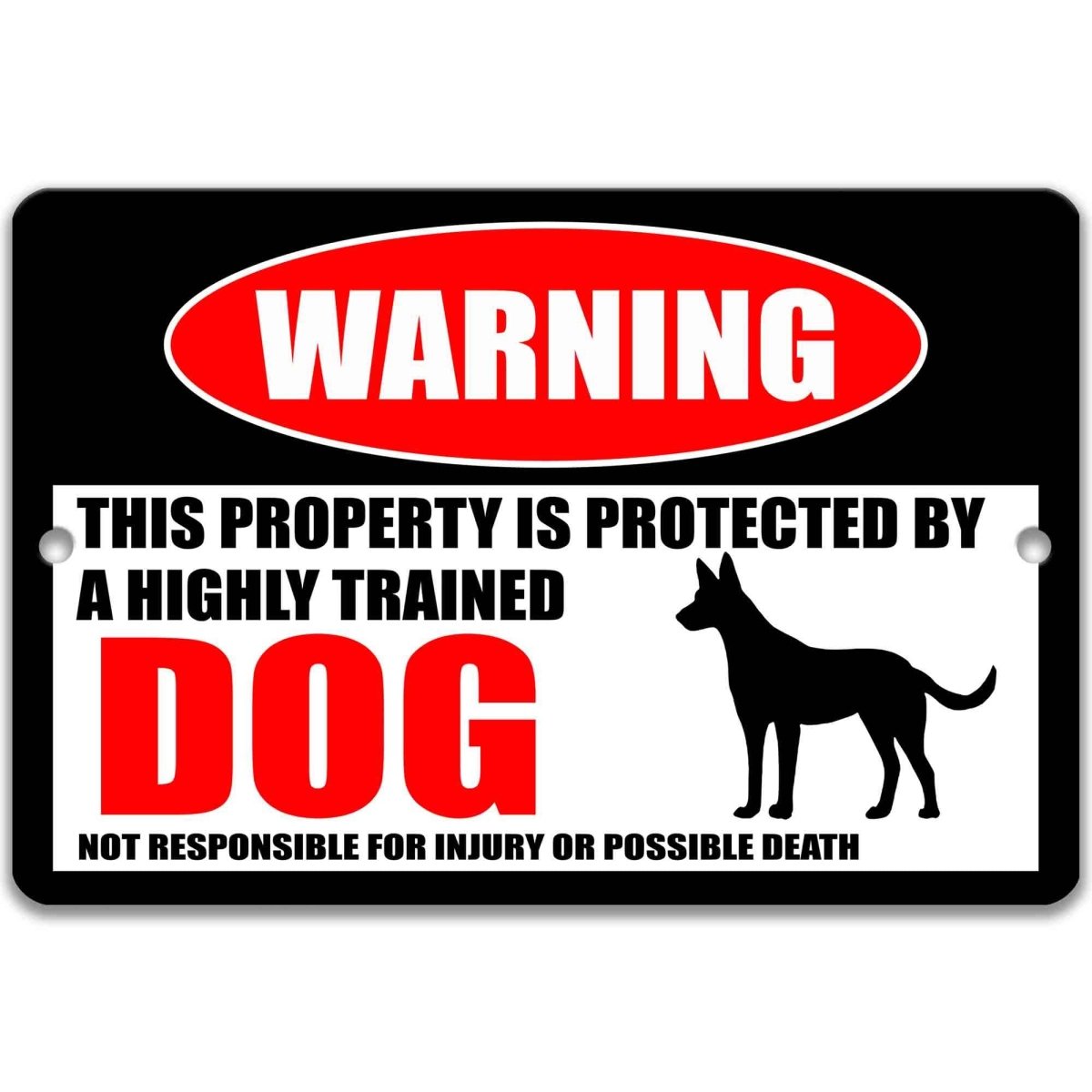 Beware of dog warning metal sign, glossy black, red WARNING oval and alert guard dog silhouette