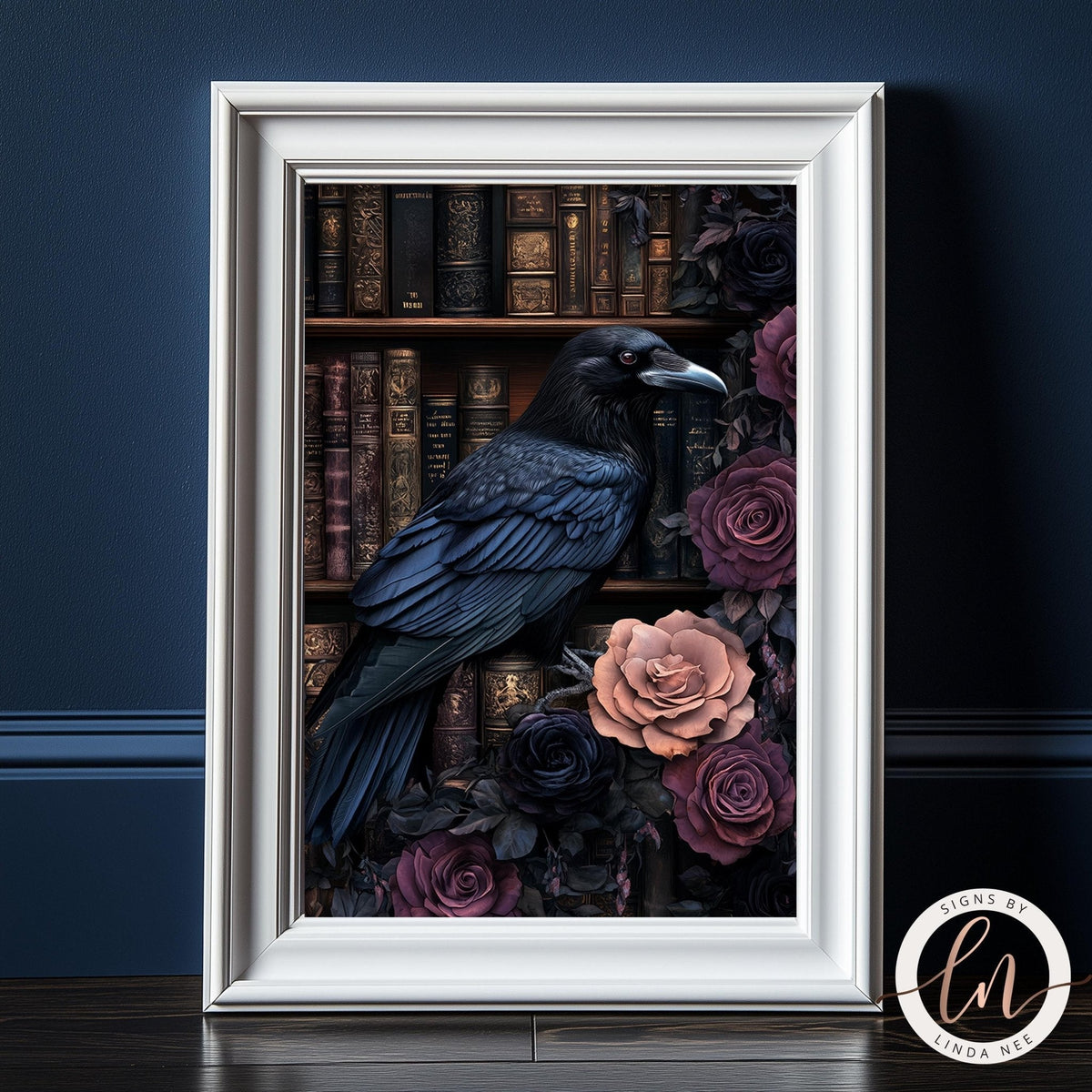 Black raven perched on a bookshelf surrounded by books and flowers