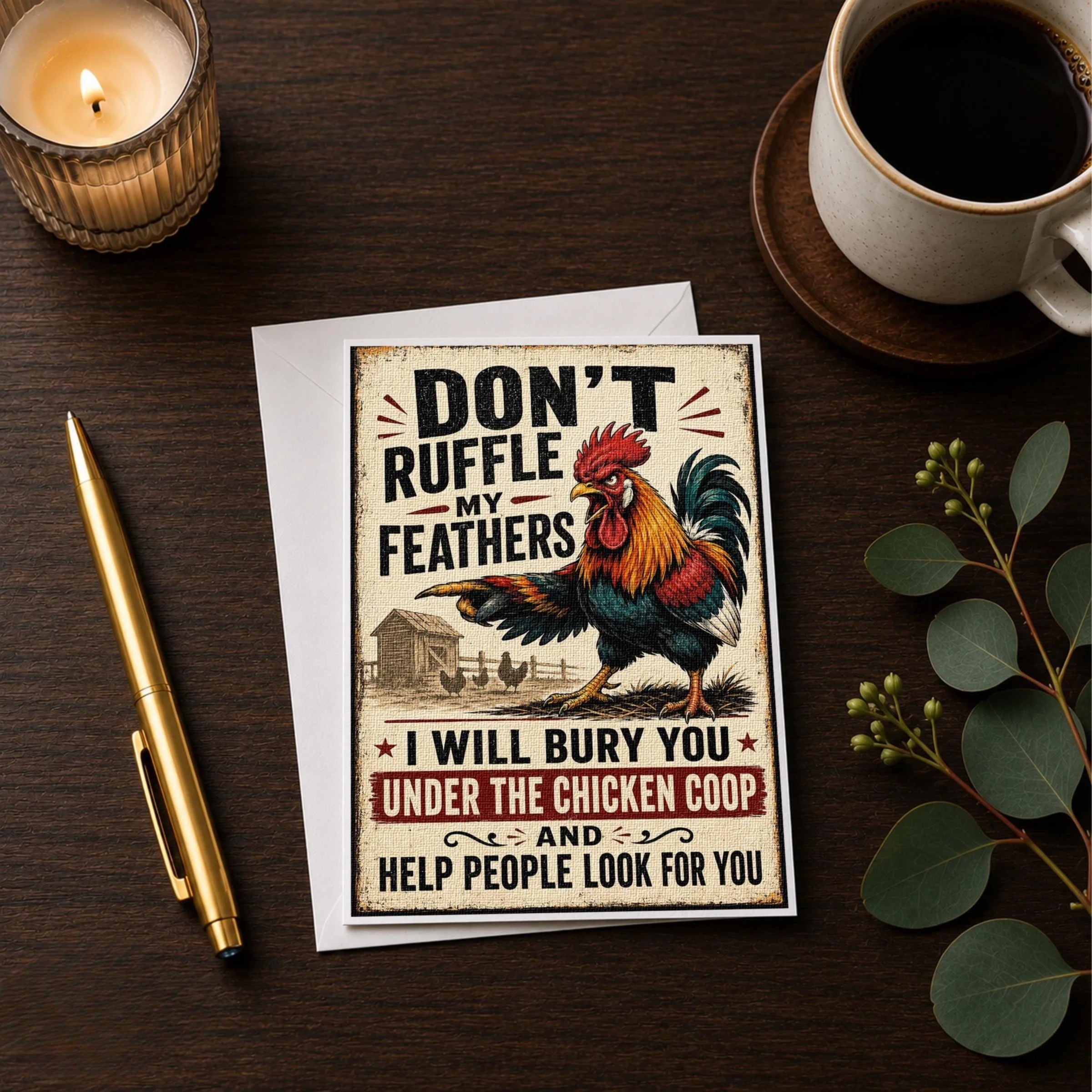 a greeting card with a rooster illustration and text, accompanied by a cup of coffee and a pen on a wooden surface.