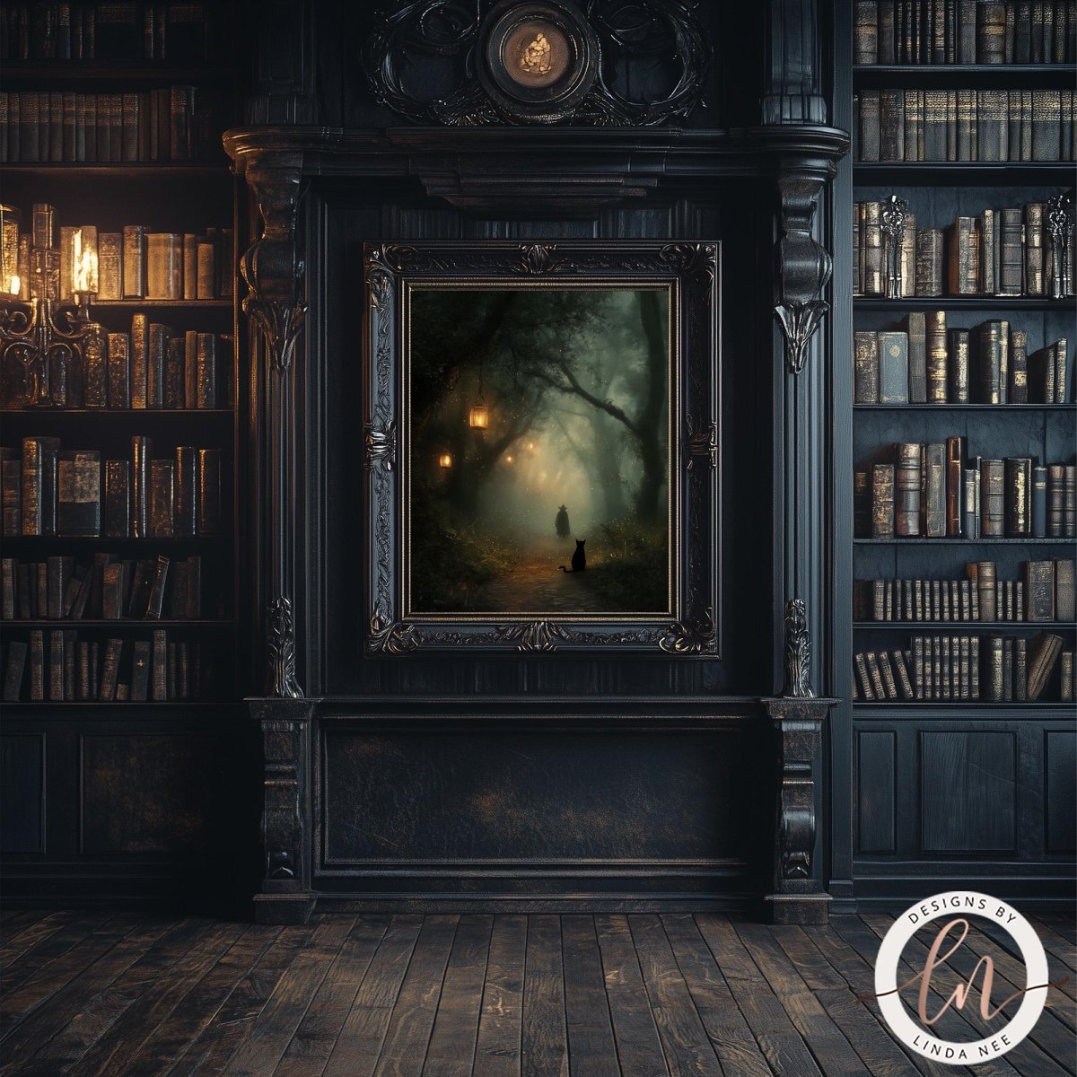a dark, ornate room with a large bookshelf filled with books, a painting of a person walking through a misty forest, and a chandelier hanging from the ceiling.