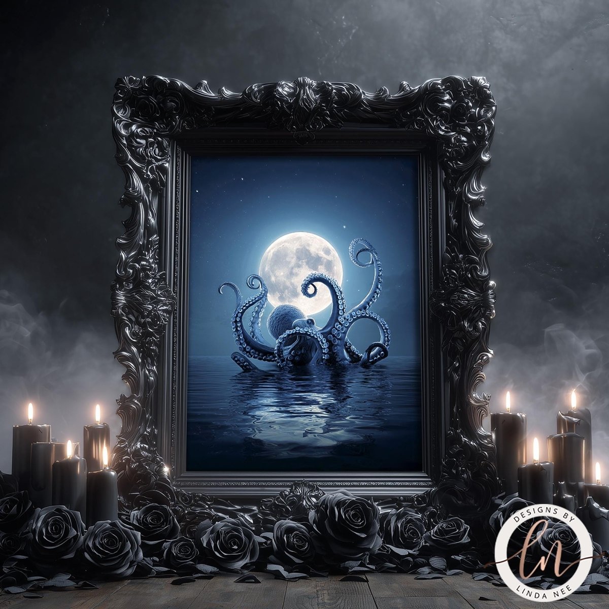 an ornate, dark frame surrounding a large, illuminated moon in the night sky, with a large, ethereal octopus-like creature emerging from the water below.