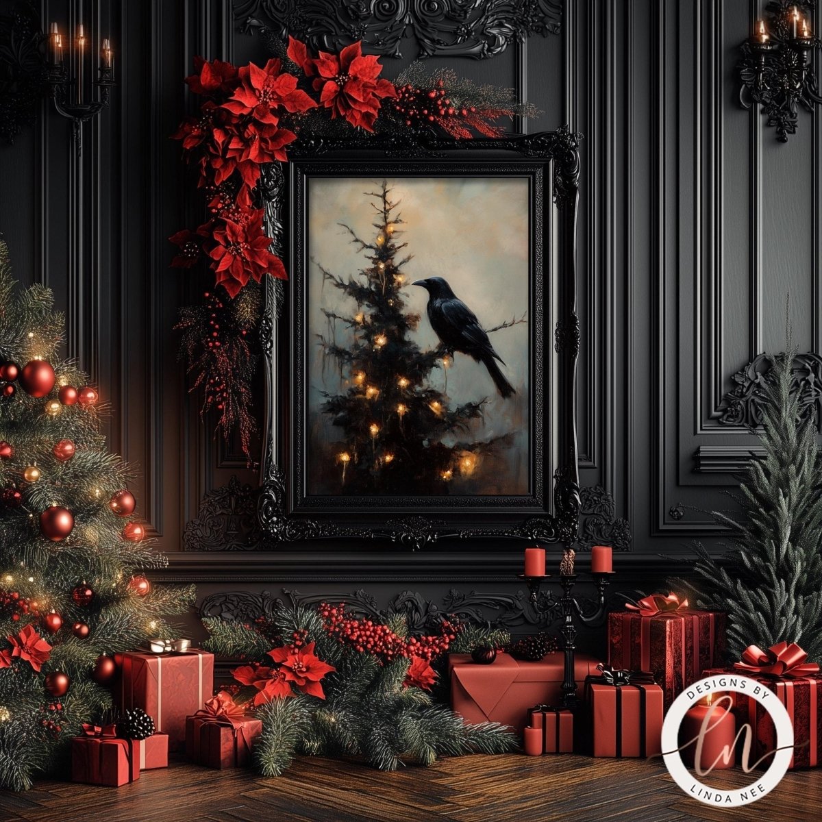 Raven Christmas print displayed with poinsettias, red presents and a lit tree