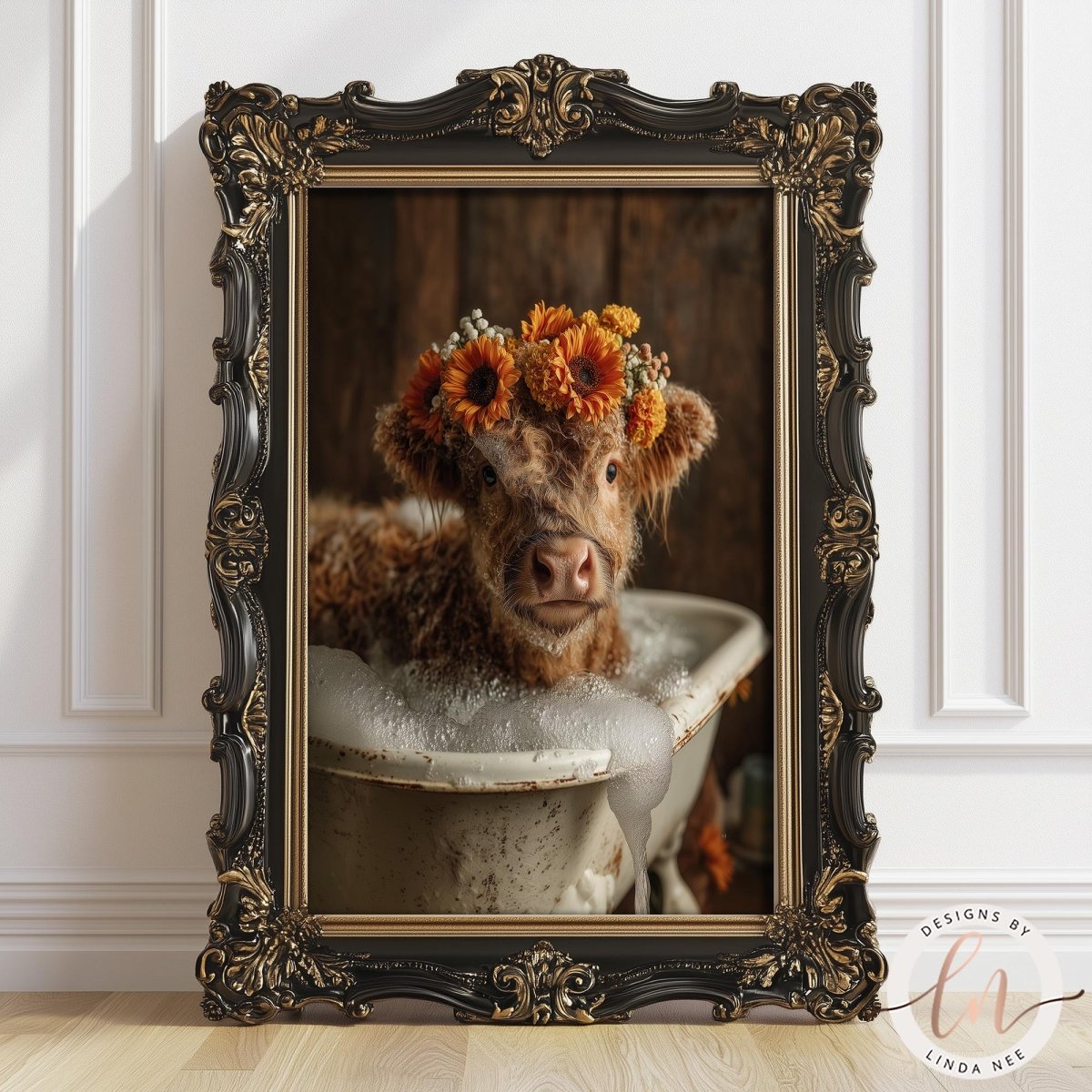 A cow wearing a flower crown is sitting in a bathtub, surrounded by a decorative frame.