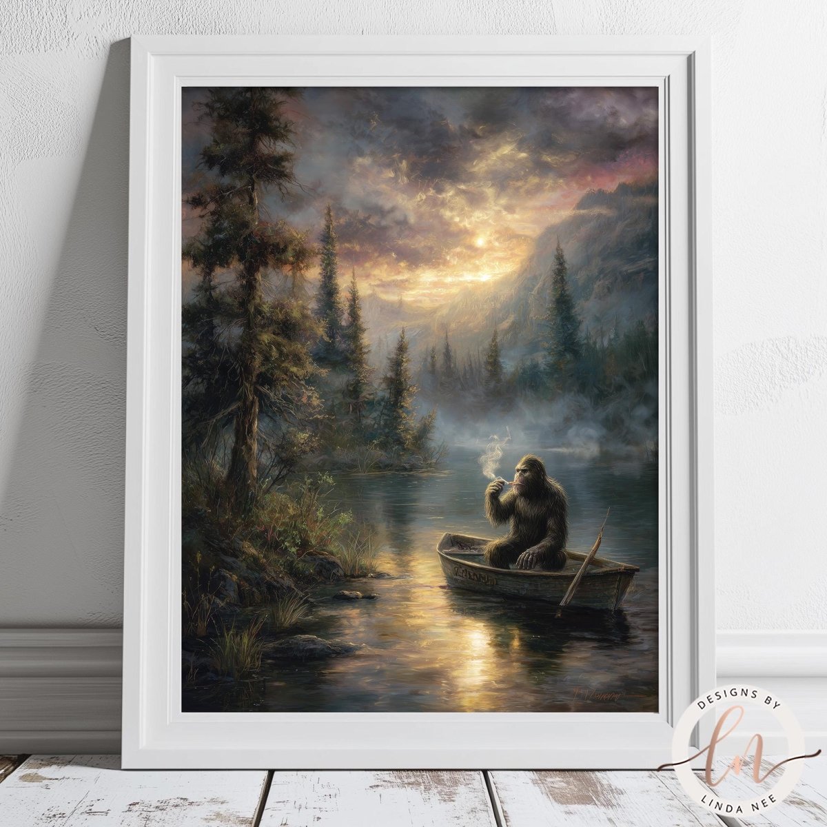 A painting of a gorilla sitting in a boat on a river, surrounded by a forest and a dramatic sky with clouds and sun.