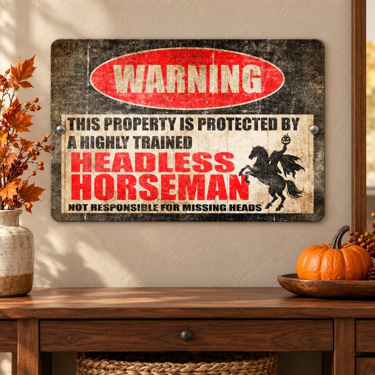 a sign that reads "WARNING: THIS PROPERTY IS PROTECTED BY A HIGHLY TRAINED HEADLESS HORSEMAN NOT RESPONSIBLE FOR MISSING HEADS" with a black horse silhouette and a red circle.