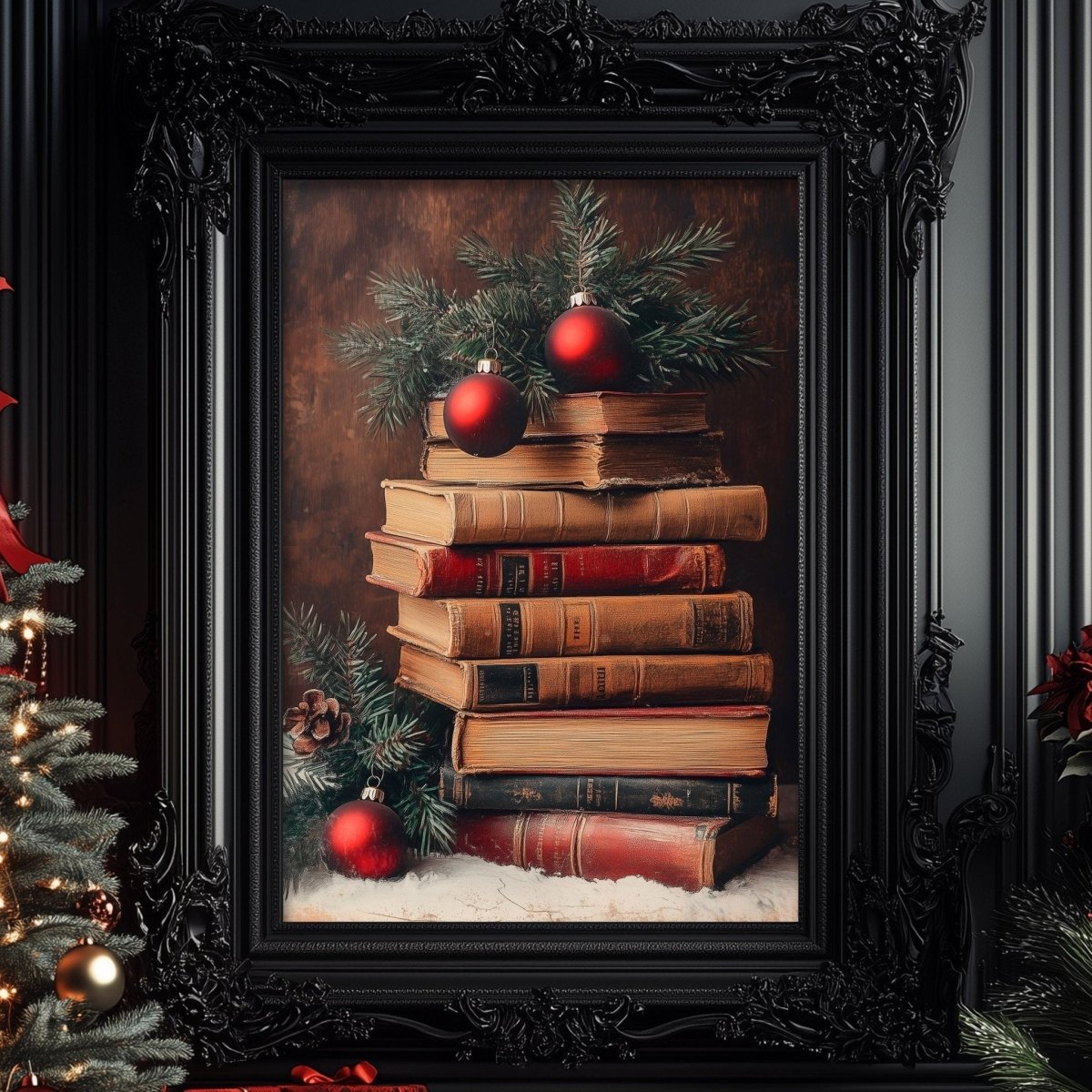 Book lover Christmas wall art of stacked vintage books topped with red ornaments