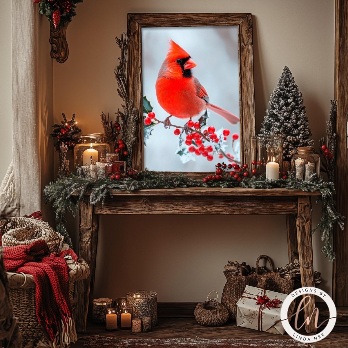 Cardinal wall art displayed with candles, berries and a small Christmas tree