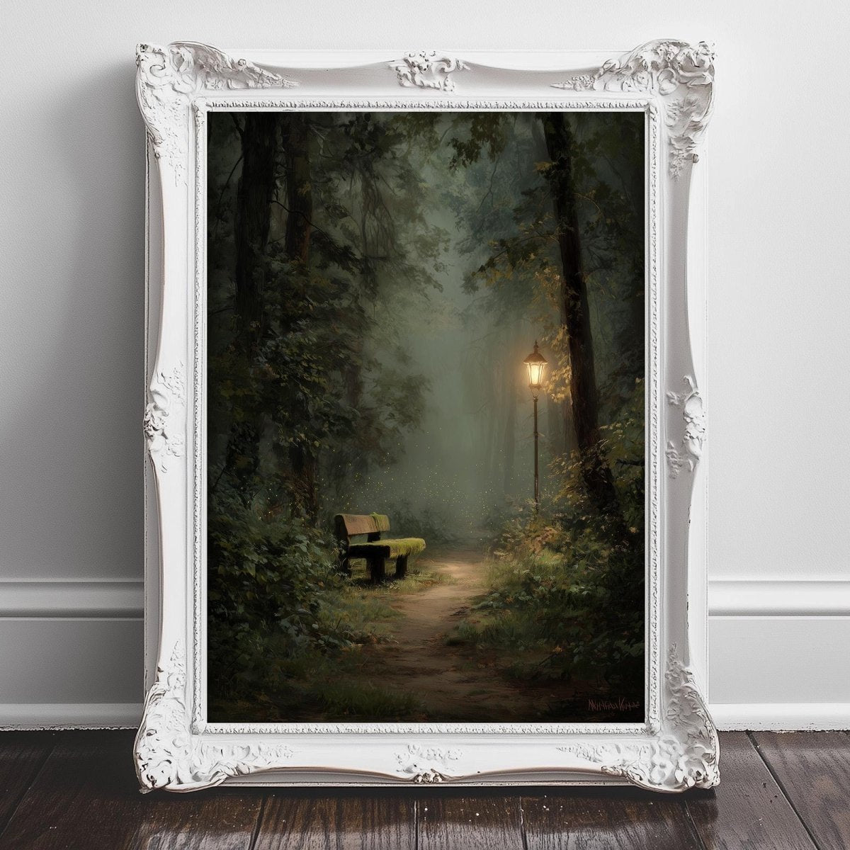 A painting of a bench in a forest, with a path leading to a light source in the distance, creating a serene and peaceful atmosphere.