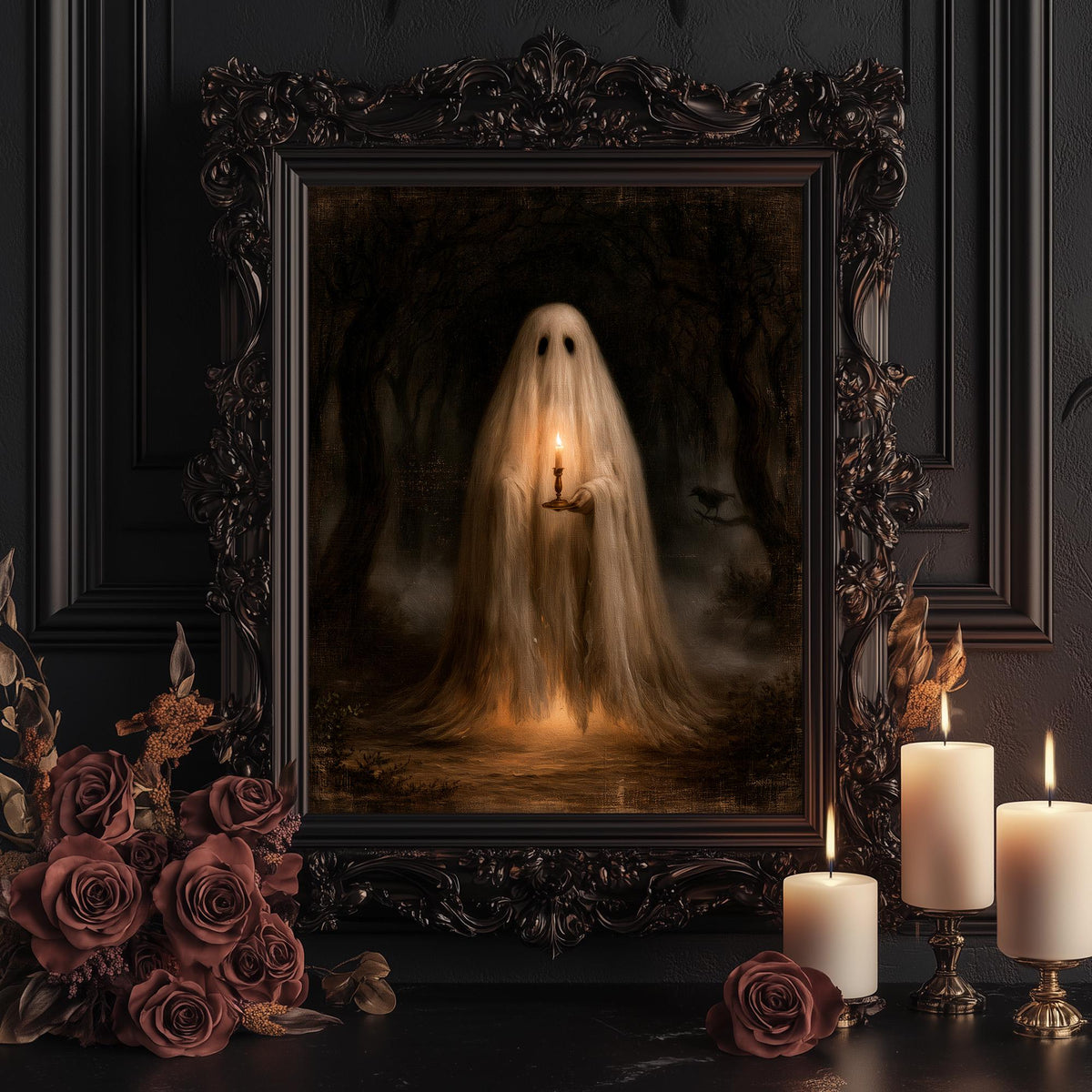 Gothic ghost painting shown framed for display among candles and dark roses