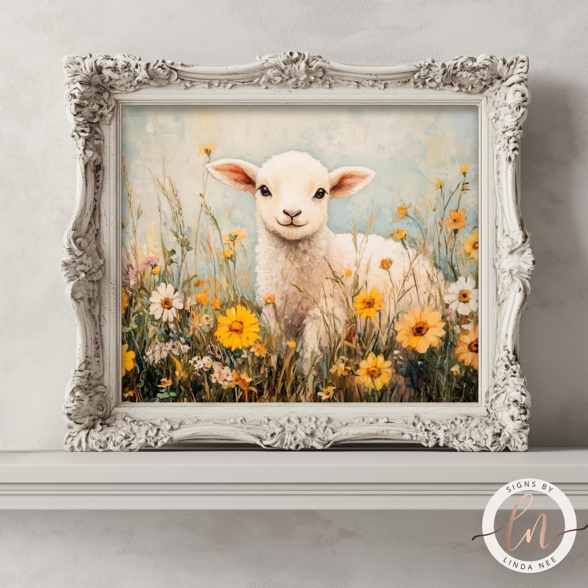 Curious lamb standing in a field of yellow and white wildflowers