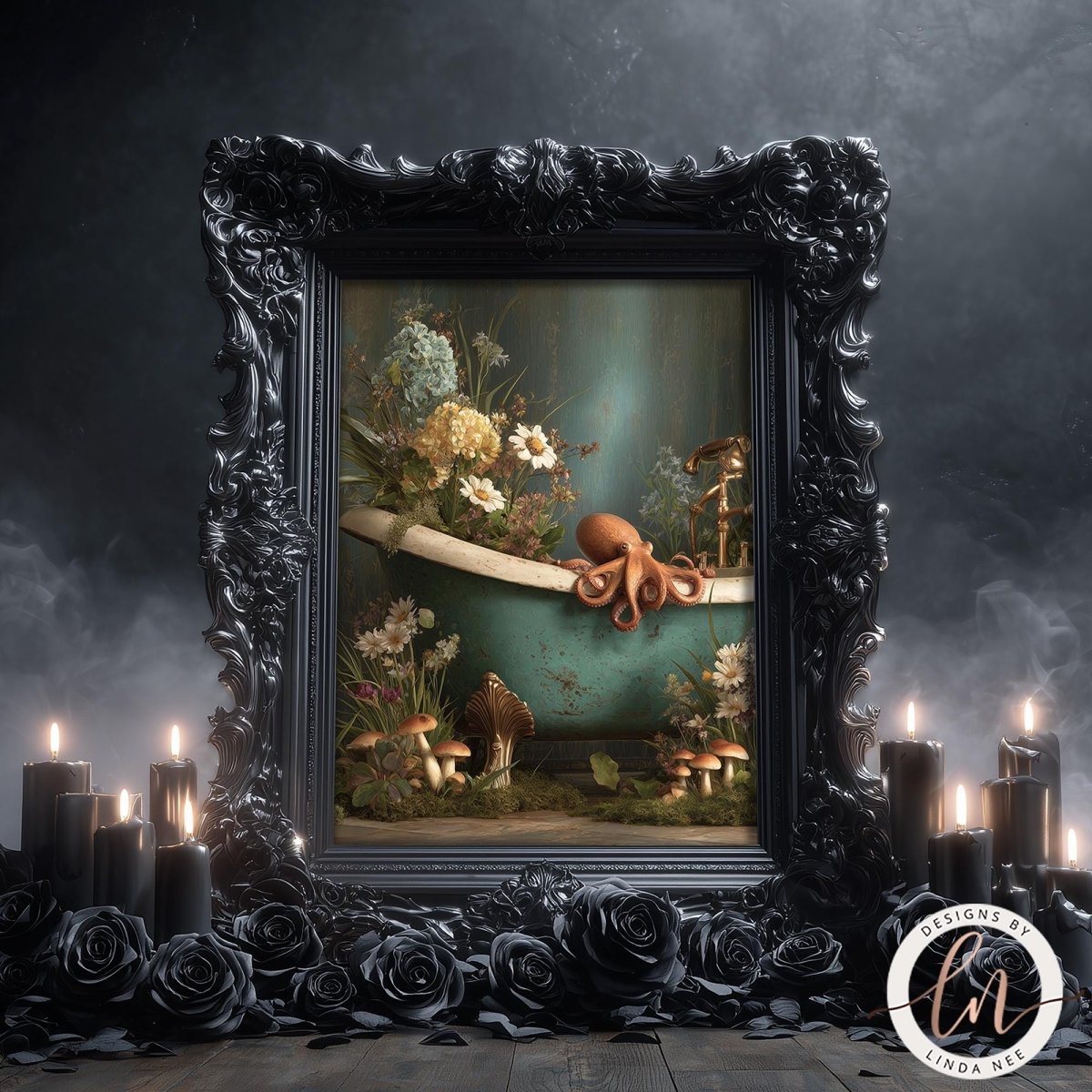 A whimsical maximalist digital painting of a copper-colored octopus sitting on the edge of a vintage teal clawfoot bathtub. The tub is filled with white daisies and hydrangeas, with mushrooms growing at the base, creating a cottagecore surreal aesthetic against a dark, moody background.