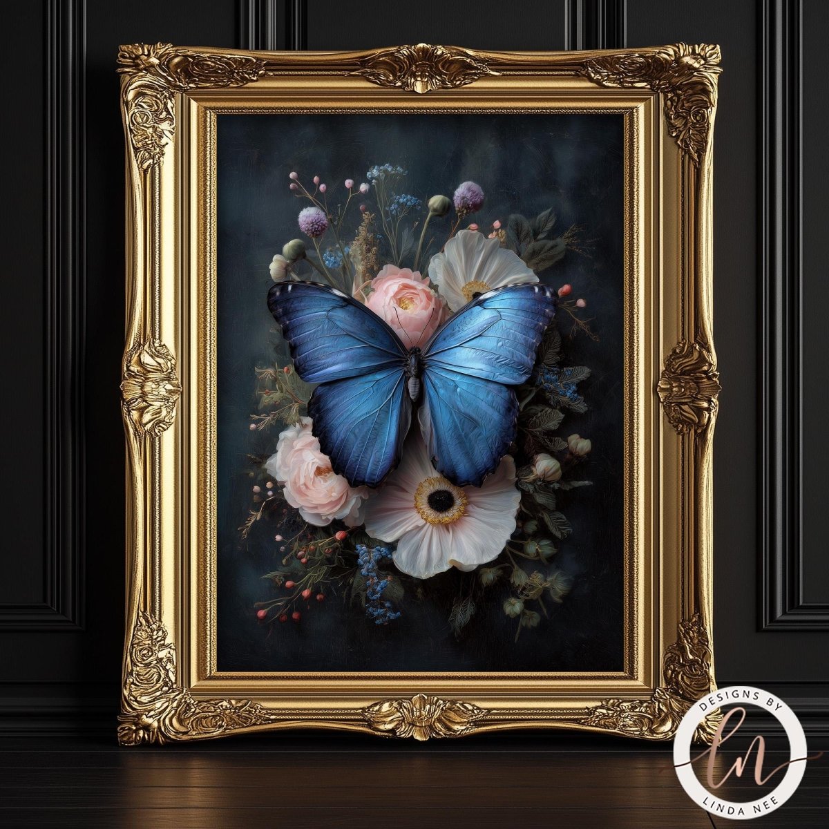 A framed painting of a blue butterfly resting on a floral arrangement, set against a dark background.