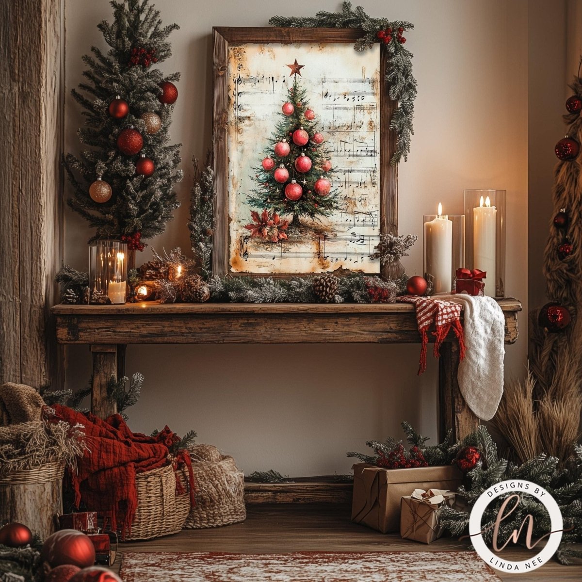 Vintage Christmas music art displayed on a rustic wall with garland and ornaments