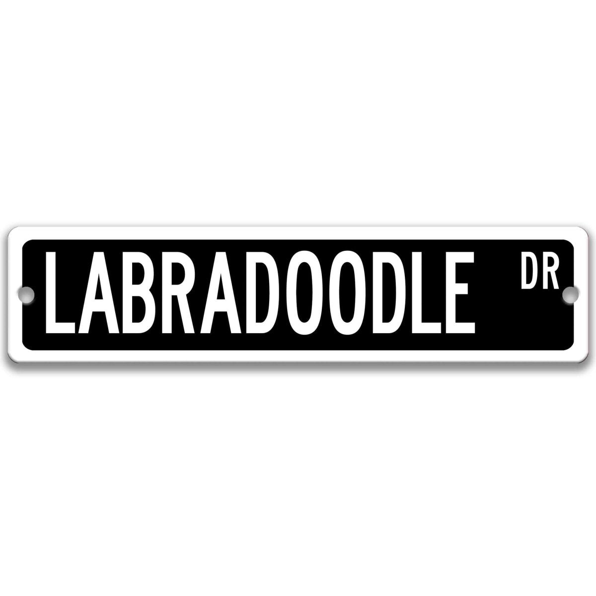 Gray Labradoodle DR aluminum street sign with black lettering
