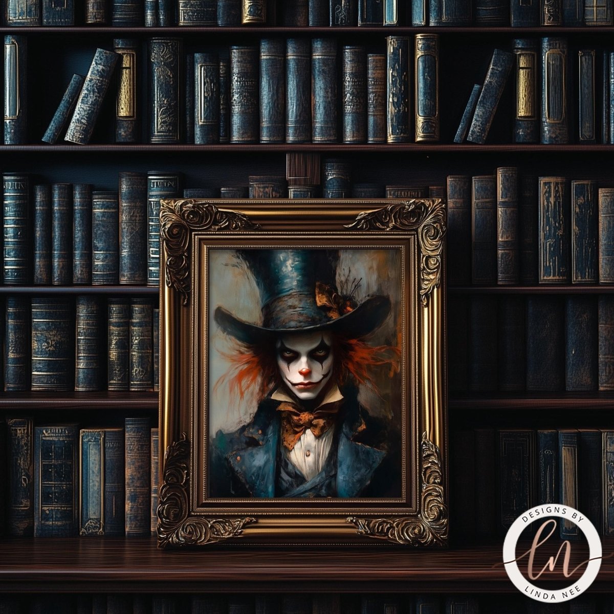 Dark Mad Hatter portrait displayed with a bookshelf background
