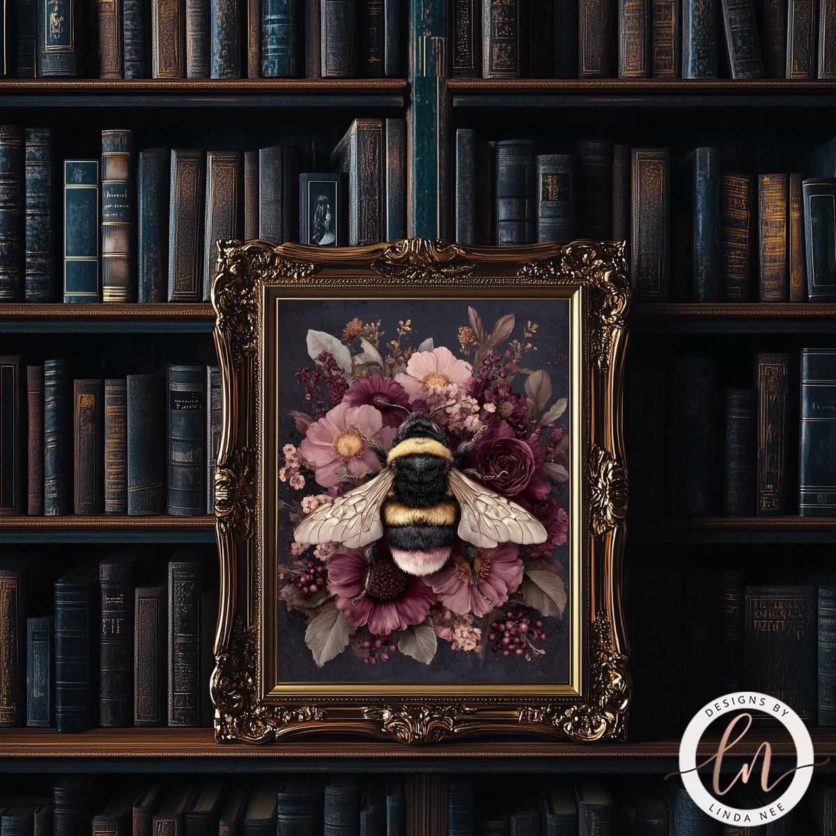 a framed painting of a bee surrounded by a floral arrangement, set against a backdrop of bookshelves filled with books.