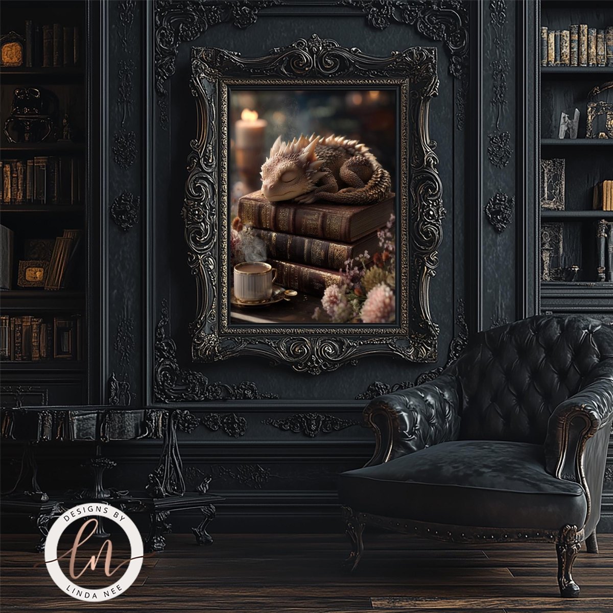 a cozy and elegant living room with a large, ornate picture frame hanging on the wall, depicting a sleeping dragon surrounded by books and flowers. The room has a dark color scheme, with a black leather chair and a wooden floor.