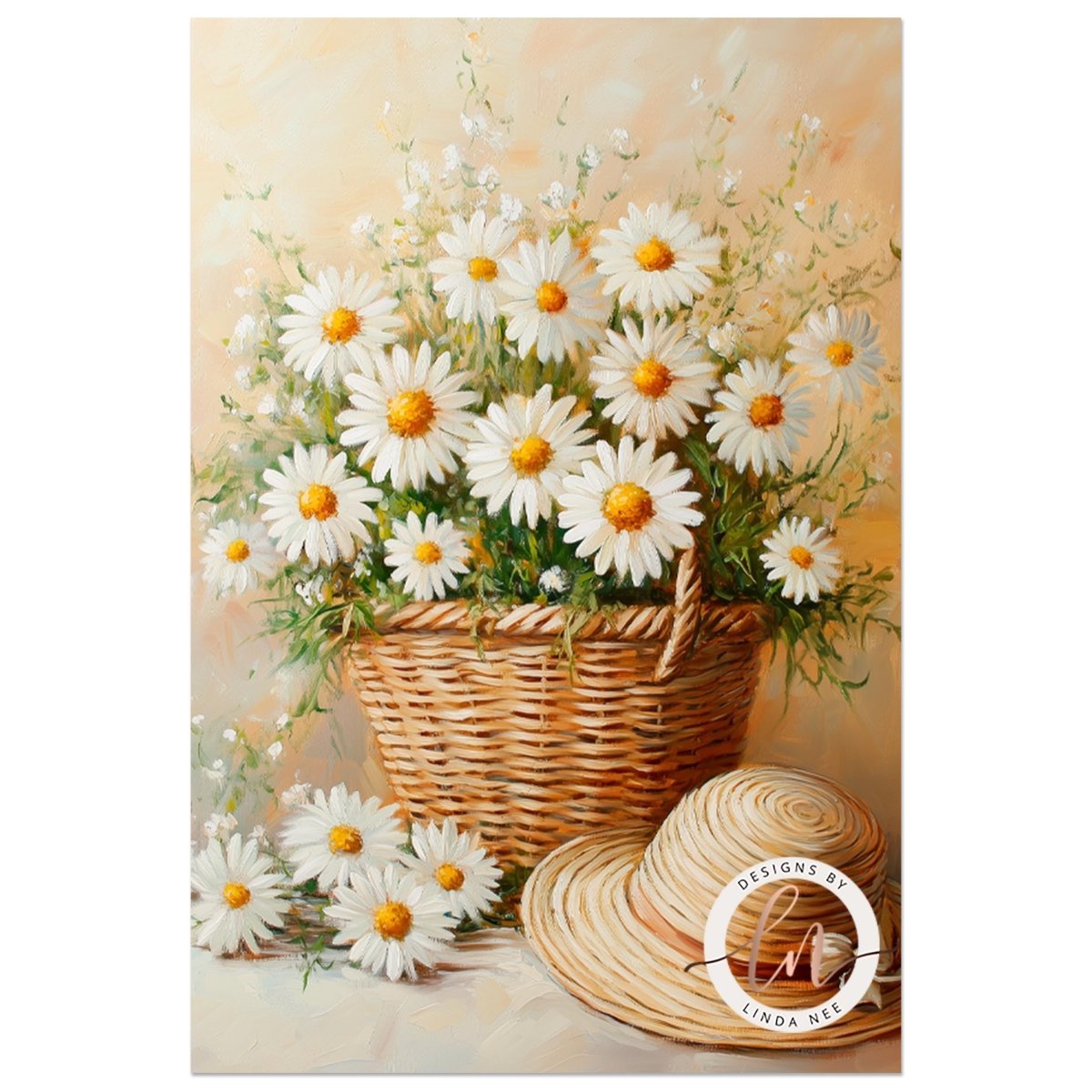A wicker basket filled with a bouquet of white daisies sits on a table, accompanied by a straw hat.