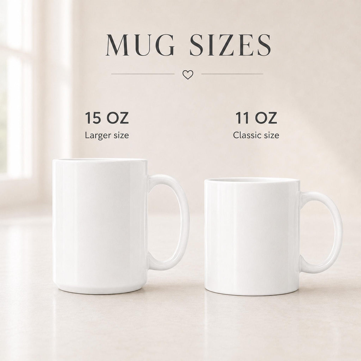 Size comparison of the 11 oz and 15 oz white ceramic kayak mugs standing side by side