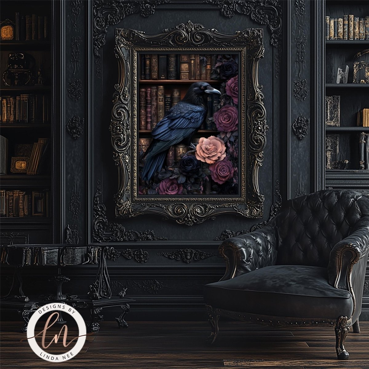 Raven and floral bookshelf artwork shown in a room with a mirror