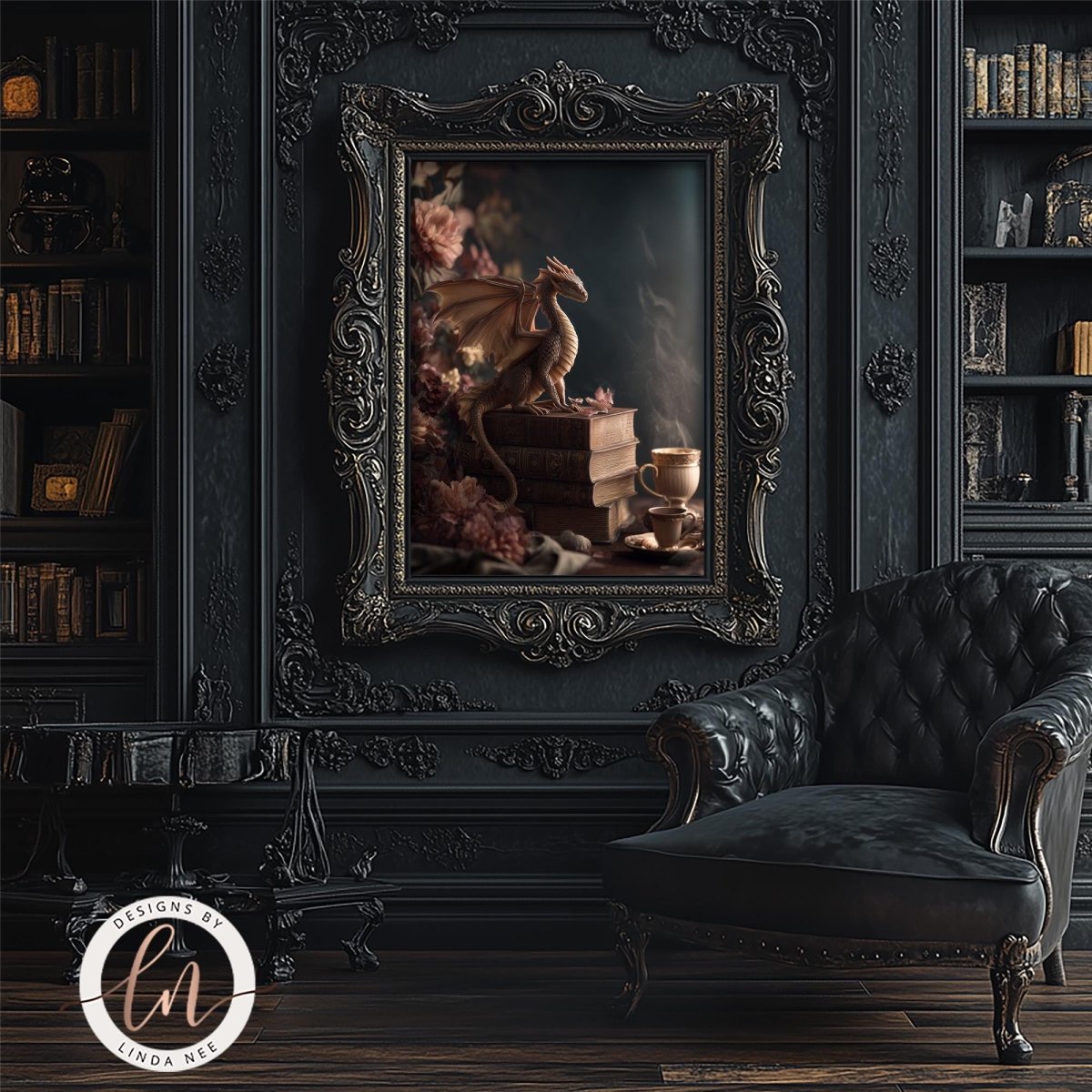a dark, ornate room with a large, intricately designed frame hanging on the wall. The frame contains a painting of a dragon surrounded by flowers and books, creating a whimsical and artistic atmosphere. In the foreground, there is a black leather armchair, and a bookshelf filled with various books can be seen in the background.