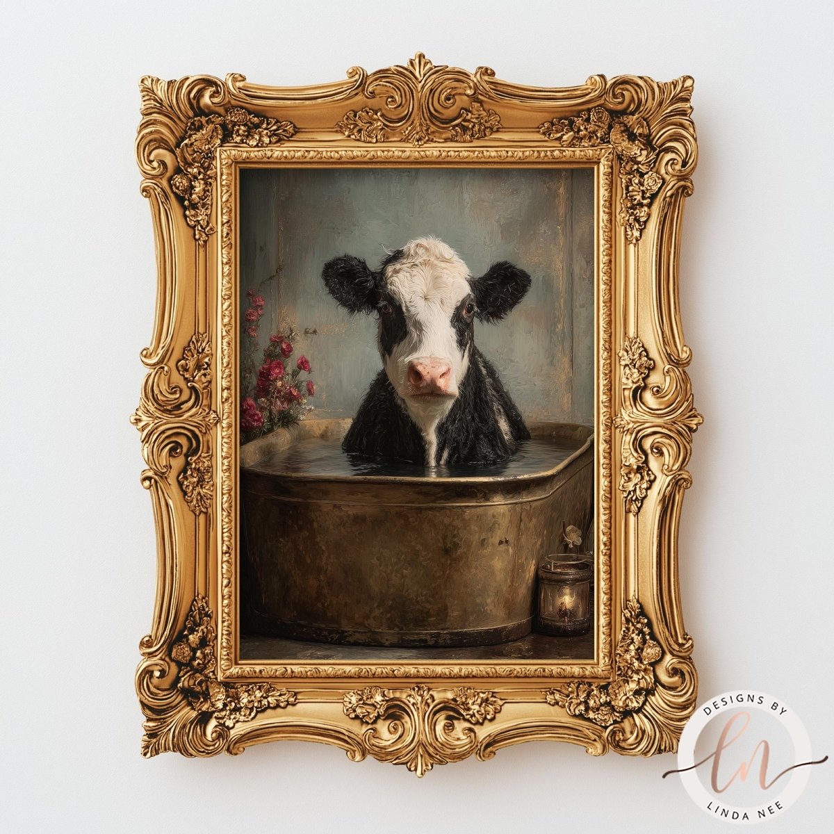 A framed painting of a black and white cow sitting in a metal tub, with a floral arrangement in the background.