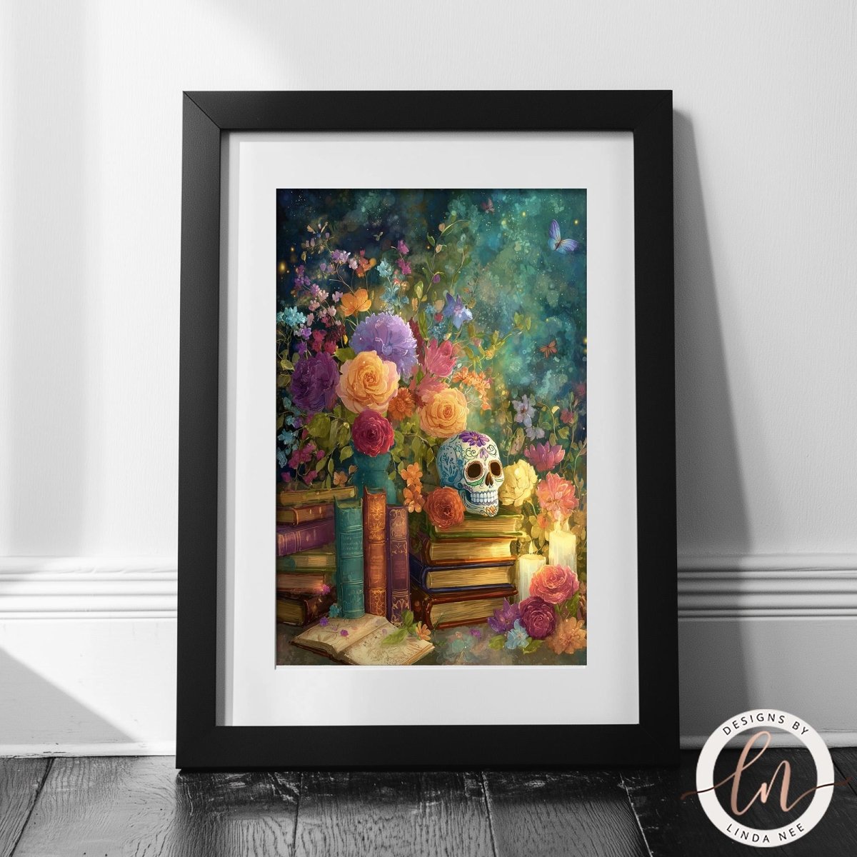 A framed print depicting a vibrant and colorful scene with a skull, flowers, books, and a vase, all set against a lush, green background.