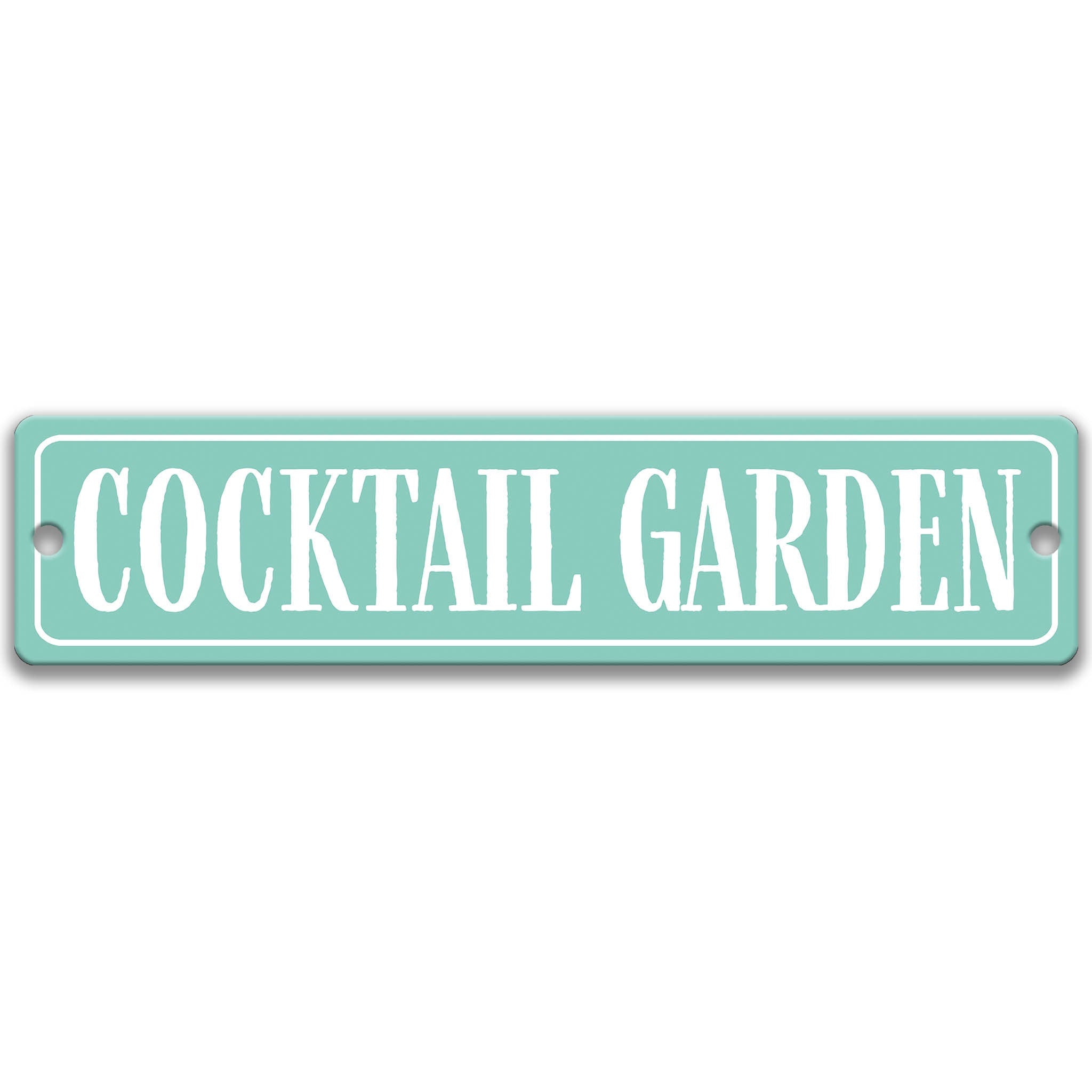 A sign that says "Cocktail Garden" in white text on a light green background.