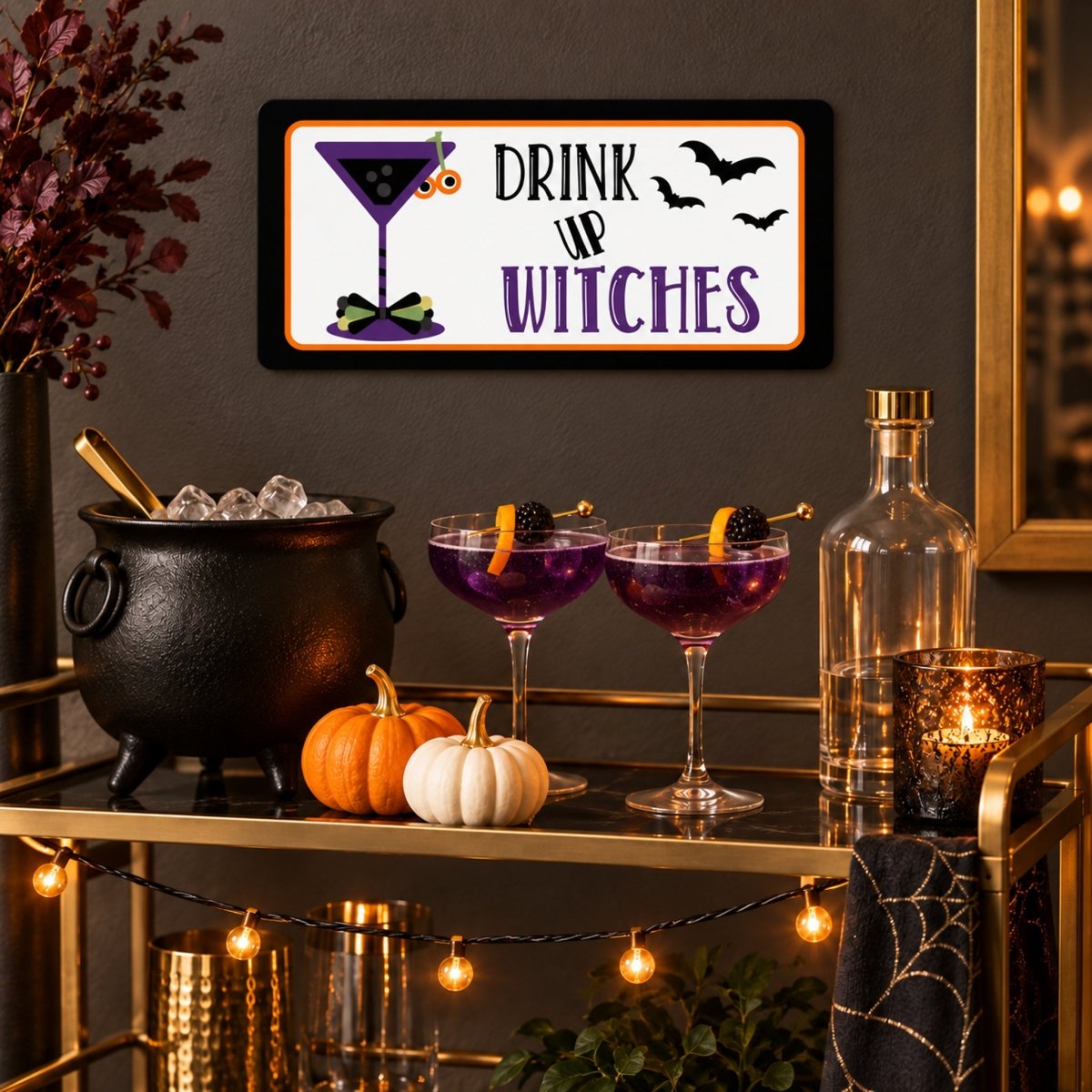 Drink Up Witches sign on a shelf with fall decor