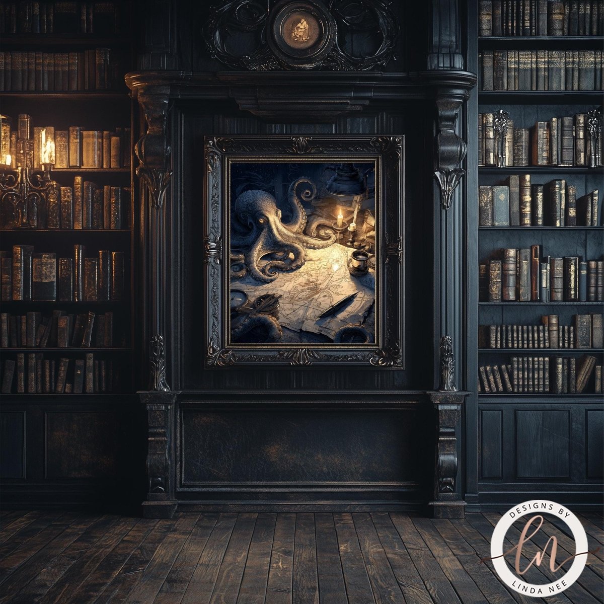 a grand, ornate fireplace with a large, intricately carved frame containing an image of an octopus. The fireplace is surrounded by numerous bookshelves filled with books, creating a cozy and intellectual atmosphere.