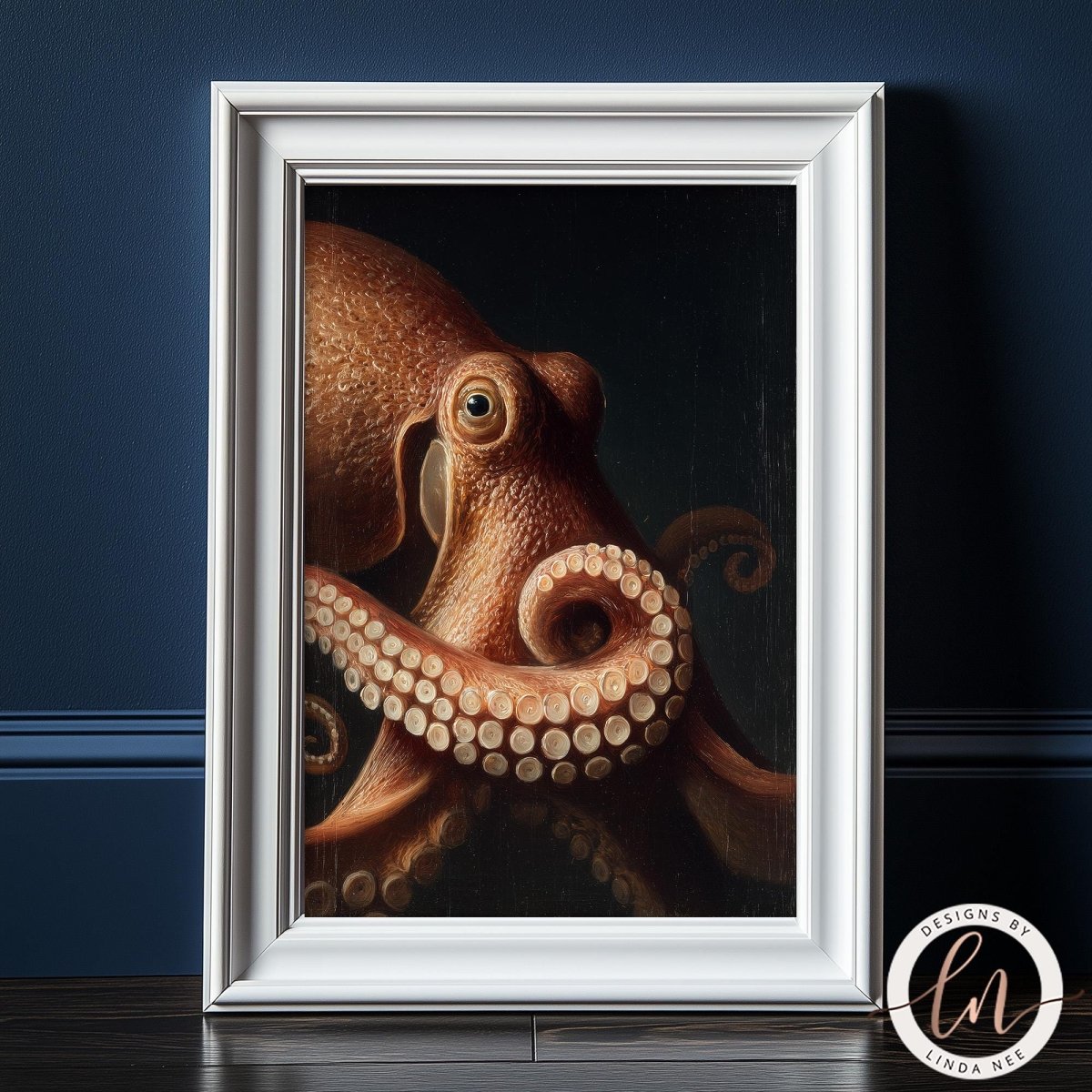 A framed painting of an octopus with its tentacles spread out, set against a dark background.