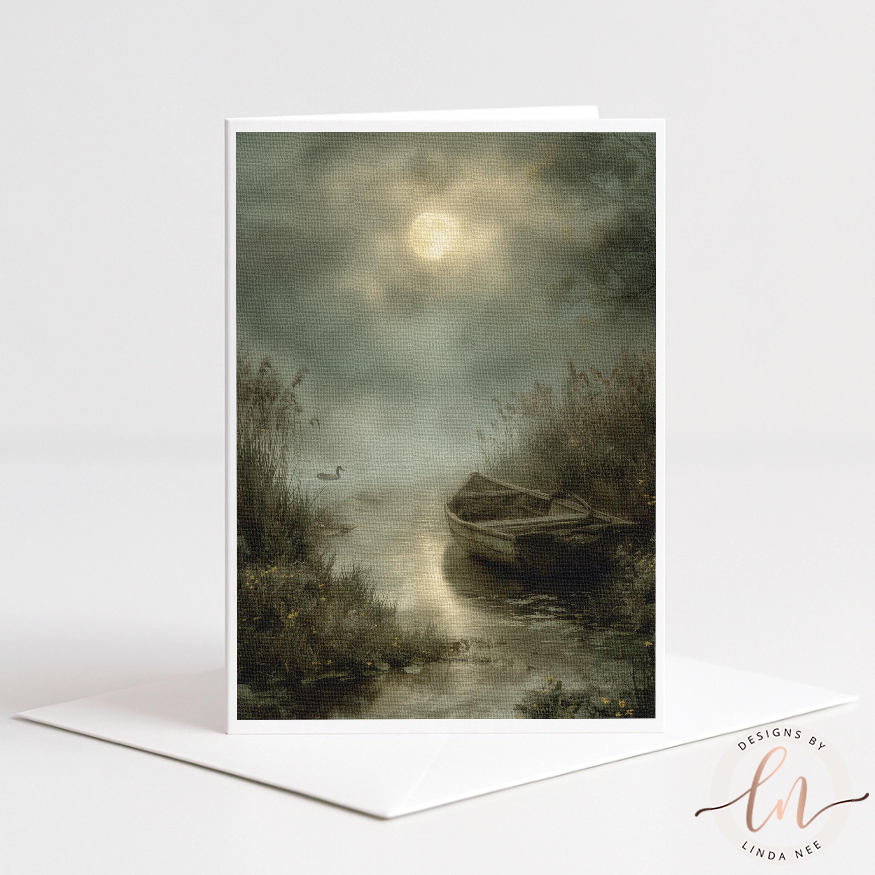The image is a painting of a boat floating on a river under a moonlit sky, surrounded by tall grass and reeds.