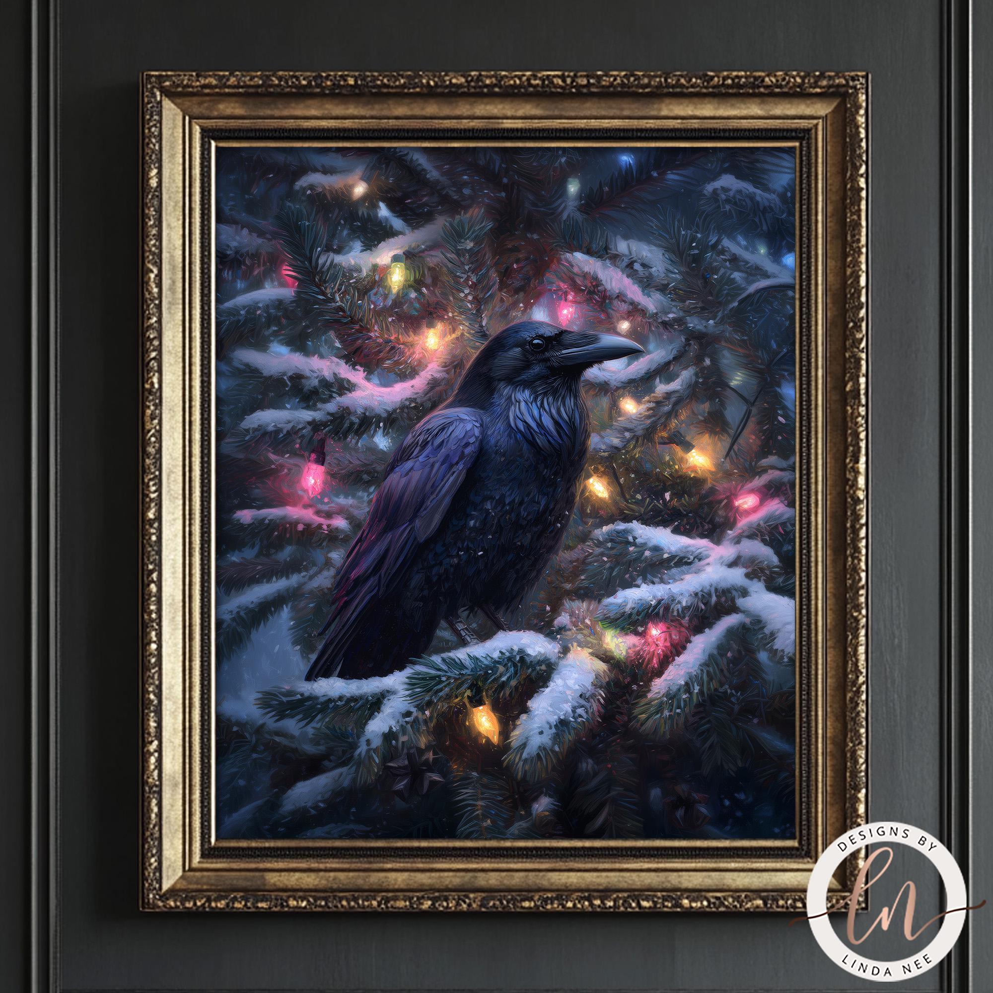A framed painting depicting a black crow perched on a snow-covered branch of a Christmas tree, with colorful lights illuminating the scene.