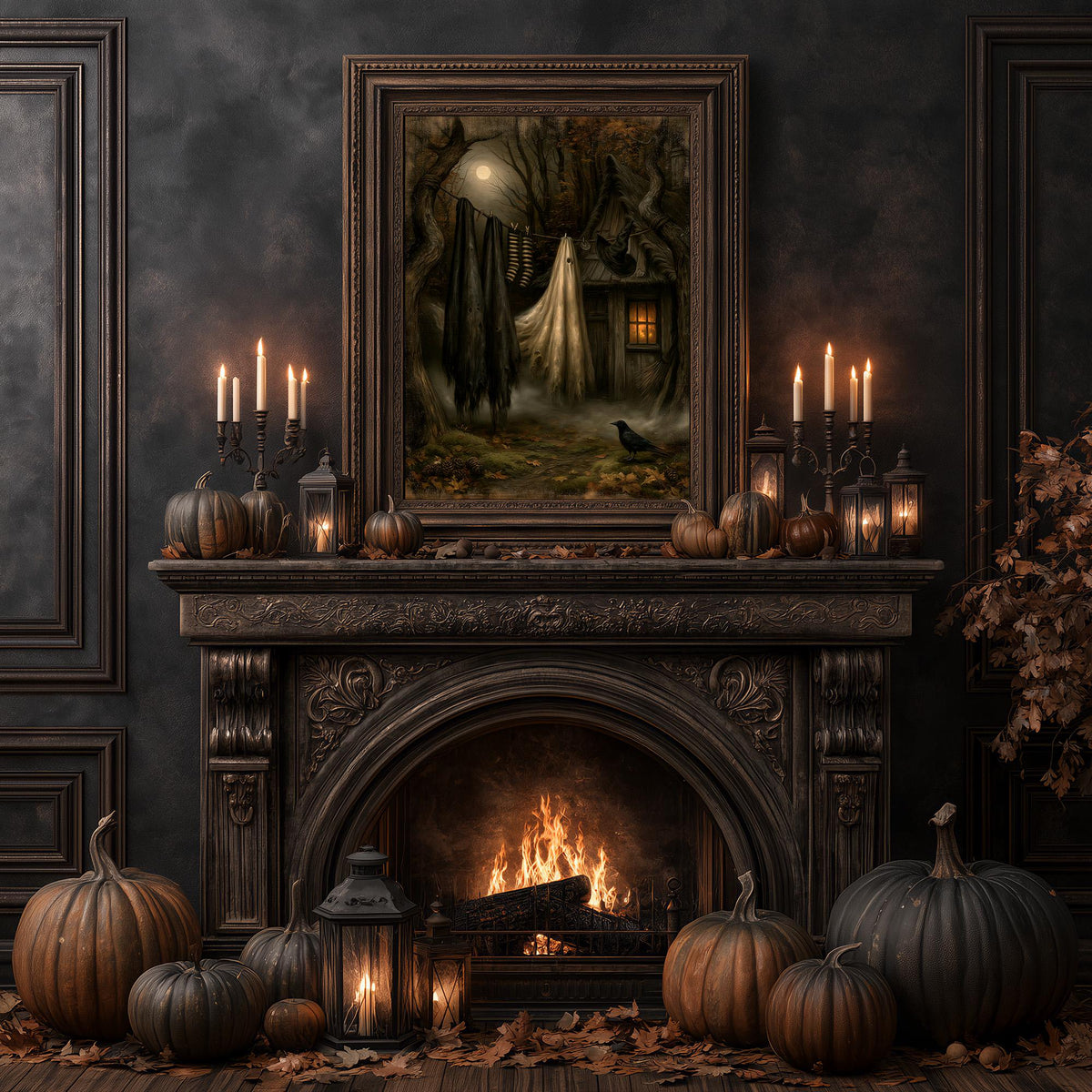Autumn mantel styled with pumpkins and candlelight under the moonlit cottage artwork